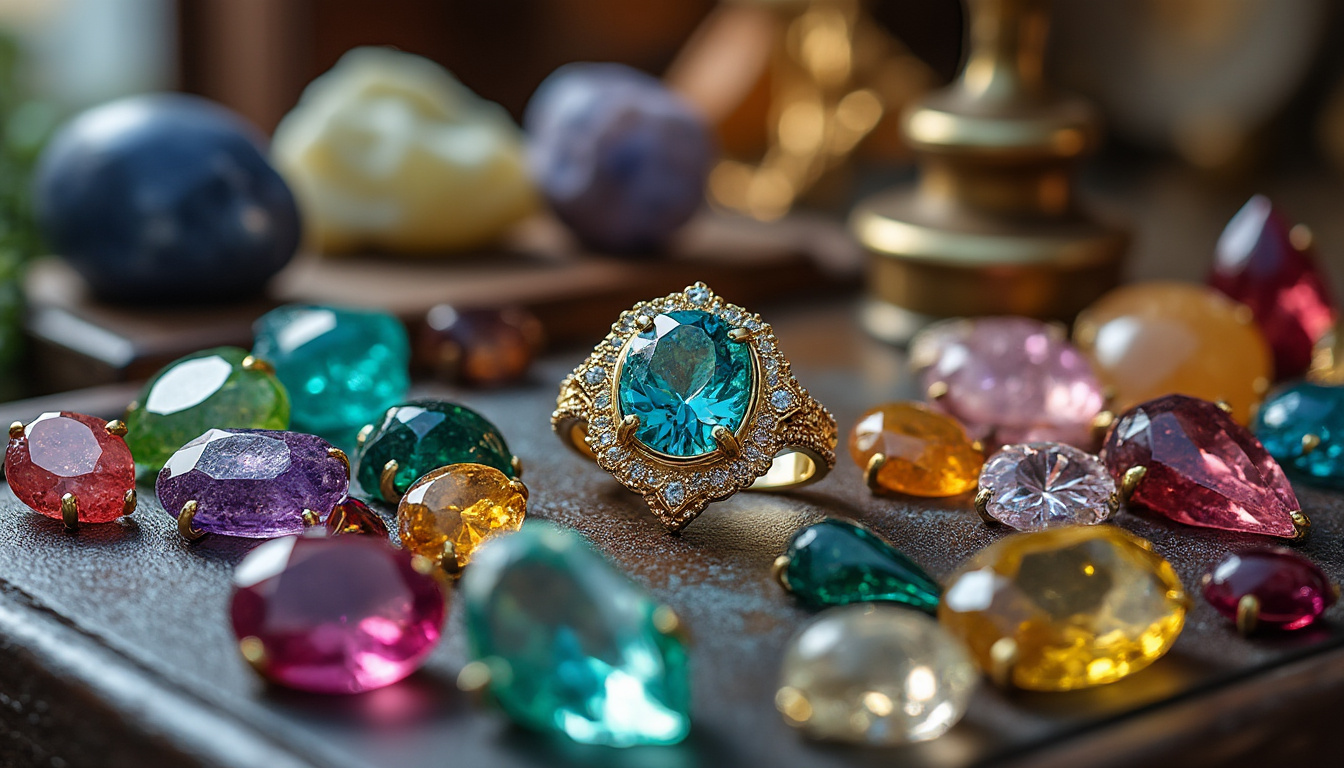Pierres précieuses et bague en atelier de gemmologie
