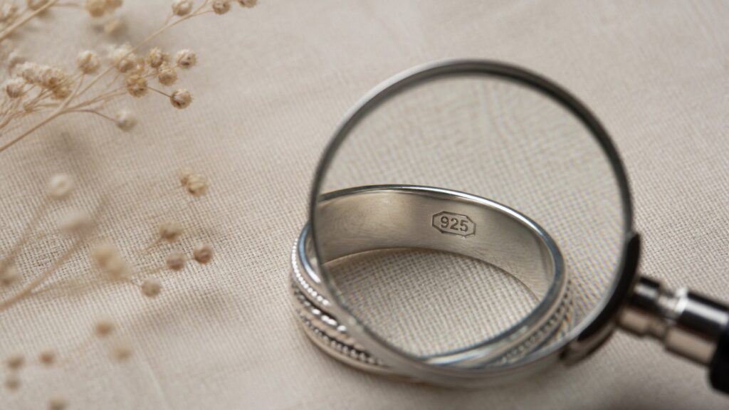 Gros plan sur une bague en argent 925 avec poinçon visible à la loupe