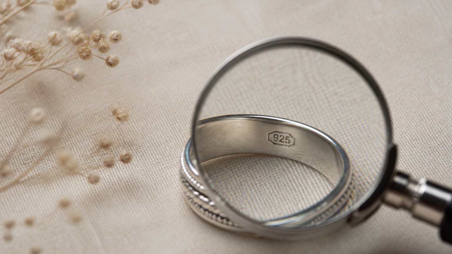 Gros plan sur une bague en argent 925 avec poinçon visible à la loupe