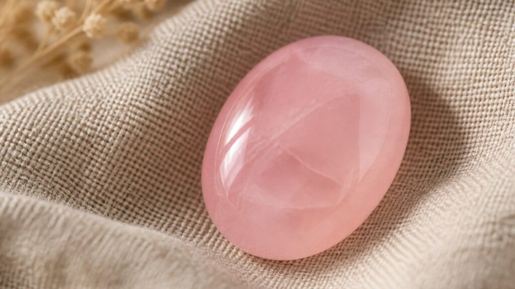 Gros plan d'un quartz rose naturel taillé en cabochon sur tissu en lin beige