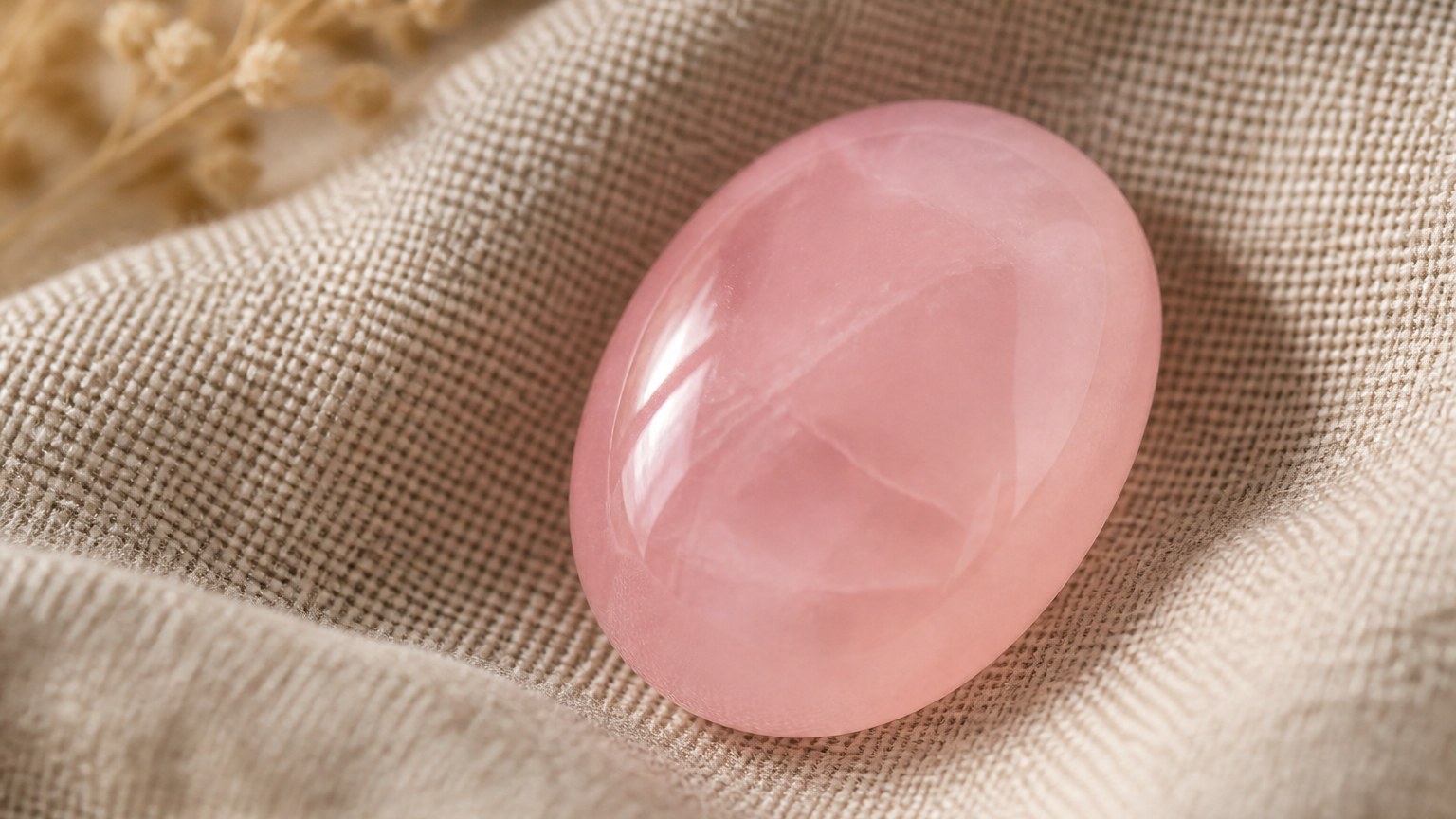 Gros plan d'un quartz rose naturel taillé en cabochon sur tissu en lin beige