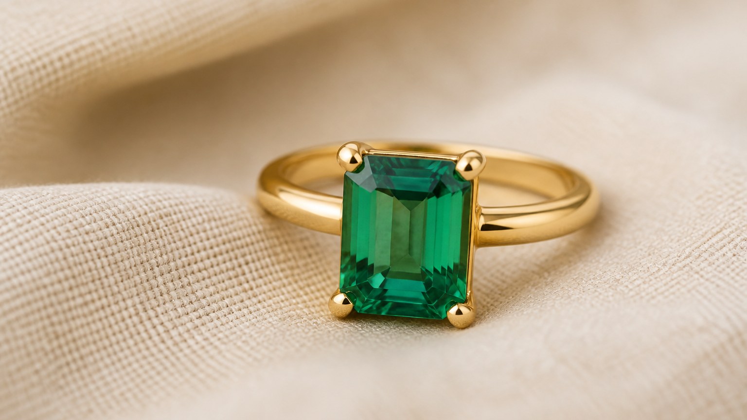 Bague de fiançailles avec pierre d'émeraude taillée rectangulaire en or jaune sur velours beige