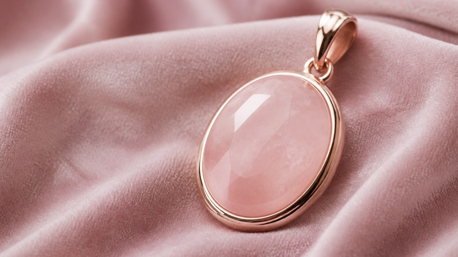 Pendentif en quartz rose posé sur velours rose pâle