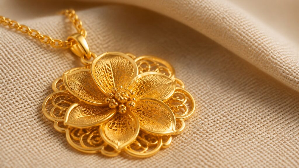 Bijou en or 24 carats posé sur un tissu en lin naturel
