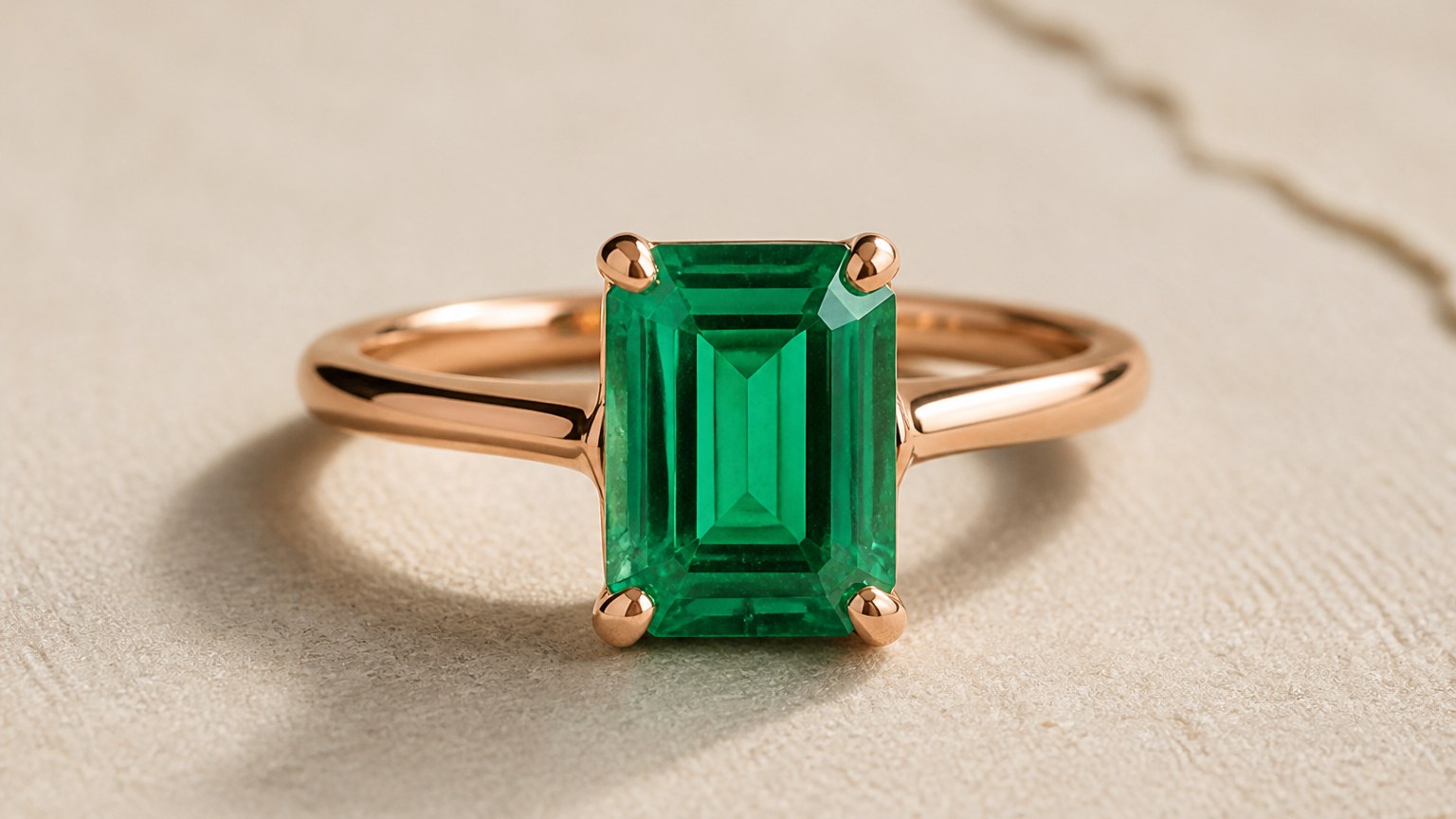 Bague de fiançailles avec émeraude taille émeraude sertie en or rose sur fond beige