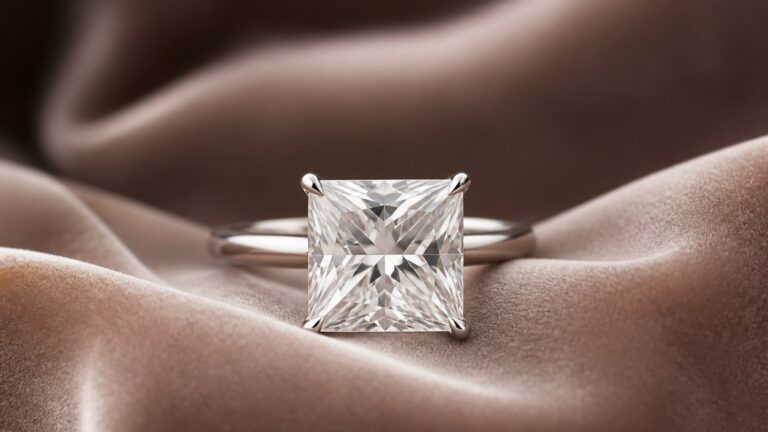 Gros plan sur une bague diamant carré posée sur un velours délicat, lumière naturelle douce mettant en valeur les facettes du diamant