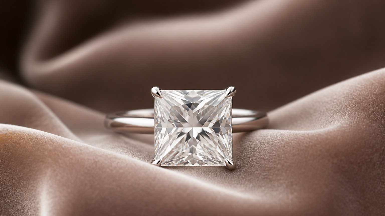 Gros plan sur une bague diamant carré posée sur un velours délicat, lumière naturelle douce mettant en valeur les facettes du diamant