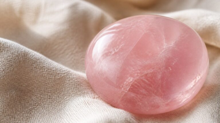 Quartz rose poli sur tissu lin naturel, lumière douce