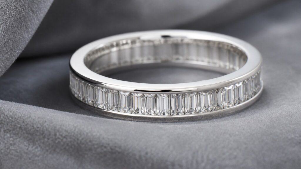 Alliance en or blanc avec diamants baguette sur fond velours gris