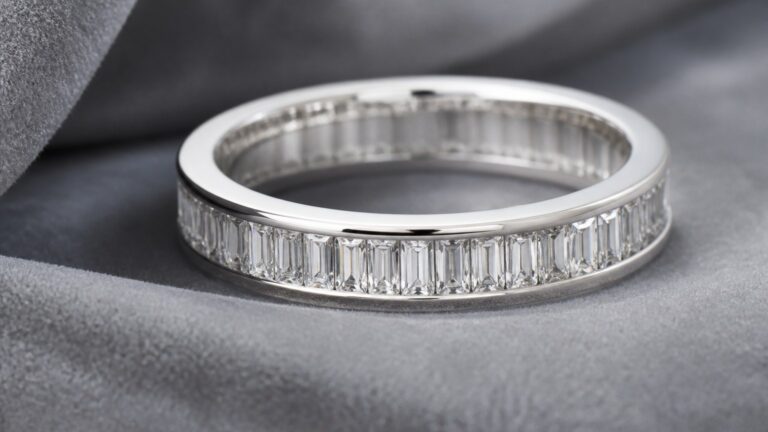 Alliance en or blanc avec diamants baguette sur fond velours gris