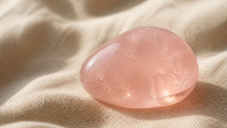 Quartz rose sur tissu en lin beige sous lumière naturelle douce