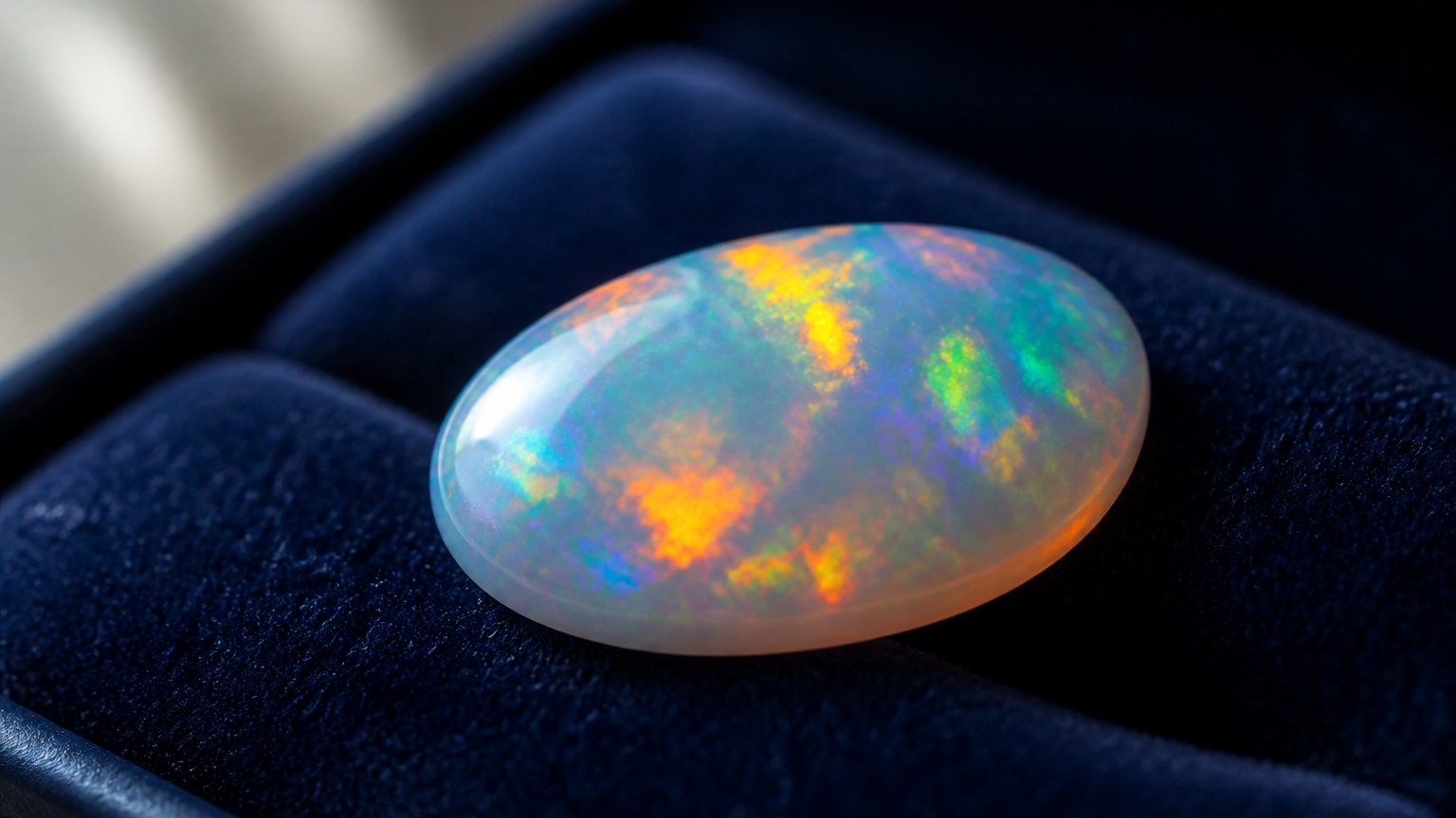 Opale précieuse aux reflets multicolores sur un écrin bleu foncé