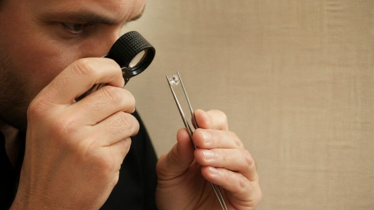 Bijoutier inspectant une pierre précieuse avec une loupe gemmologique