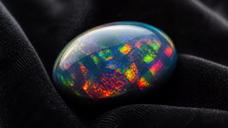 Gros plan sur une opale noire aux reflets irisés multicolores sur velours noir
