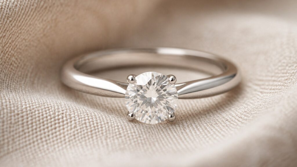 Bague de fiançailles en or blanc 18 carats avec diamant solitaire brillant sur tissu lin