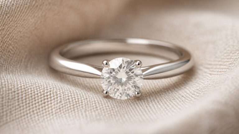 Bague de fiançailles en or blanc 18 carats avec diamant solitaire brillant sur tissu lin