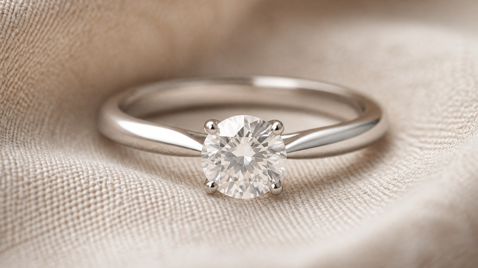 Bague de fiançailles en or blanc 18 carats avec diamant solitaire brillant sur tissu lin