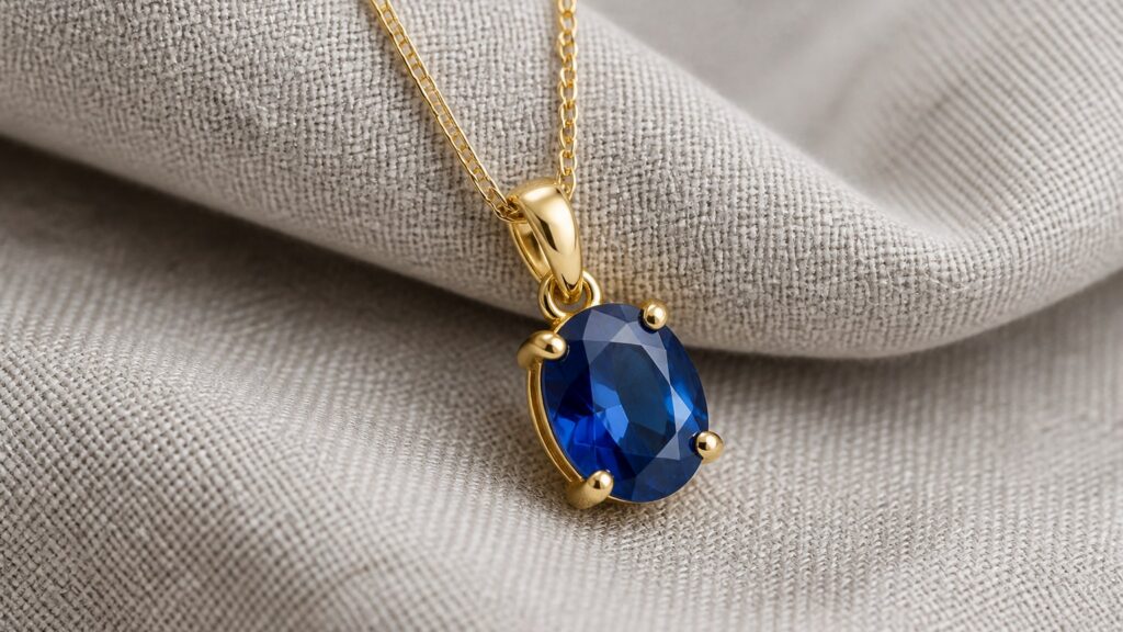 Collier or 18 carats avec pendentif saphir bleu facetté sur lin gris clair