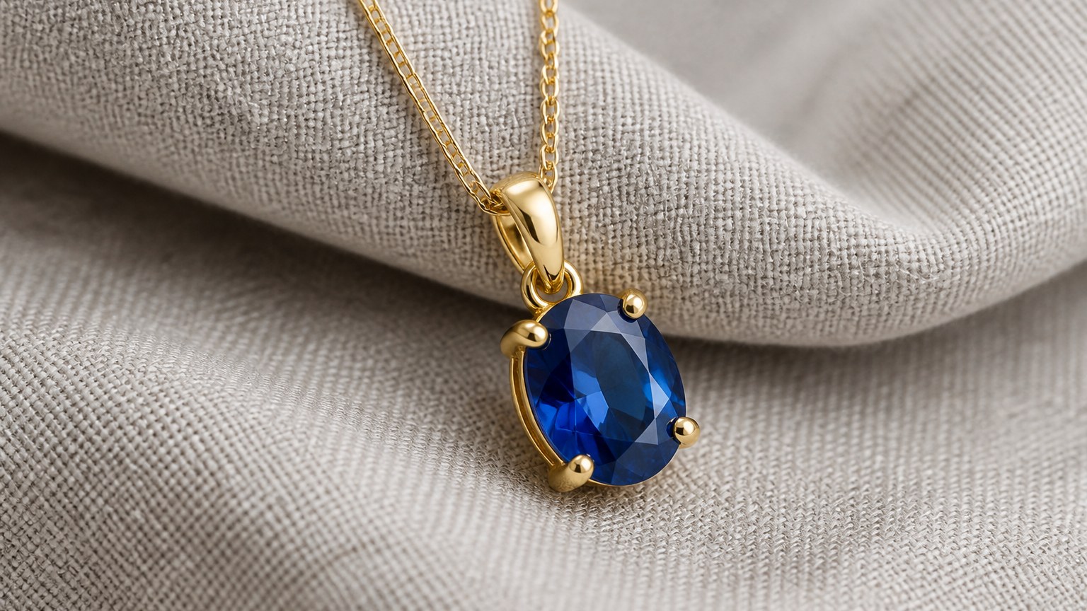 Collier or 18 carats avec pendentif saphir bleu facetté sur lin gris clair