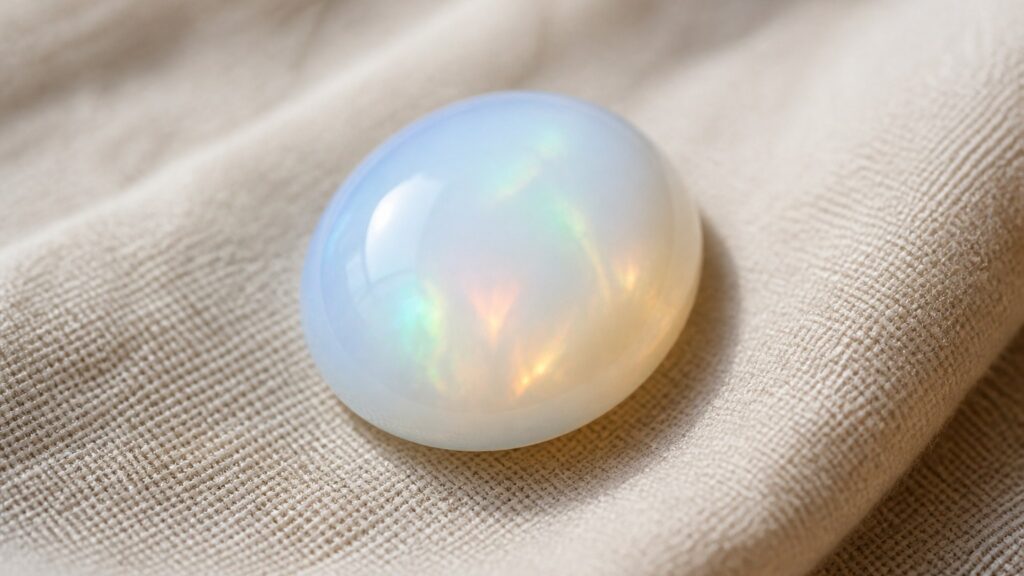 Gros plan sur un cabochon en opaline avec reflets irisés sur tissu de lin
