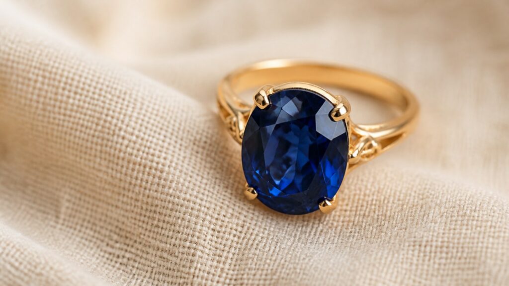Bague avec saphir bleu facetté sur tissu en lin beige