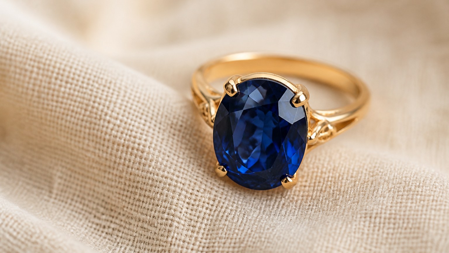 Bague avec saphir bleu facetté sur tissu en lin beige