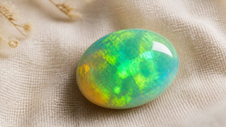 Gros plan sur un cabochon d'opale verte polie sur un tissu en lin beige, lumière douce mettant en valeur son iridescence