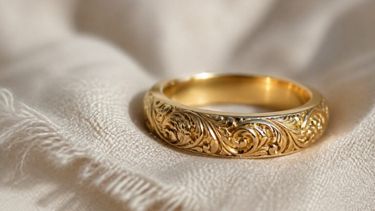 Gros plan d'une bague en or jaune 18 carats sur fond de tissu lin beige