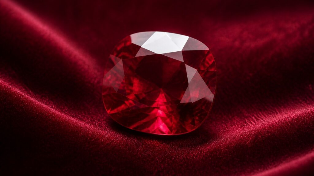 Gros plan d’un rubis rouge sang de pigeon sur velours rouge foncé éclairé par une lumière naturelle douce