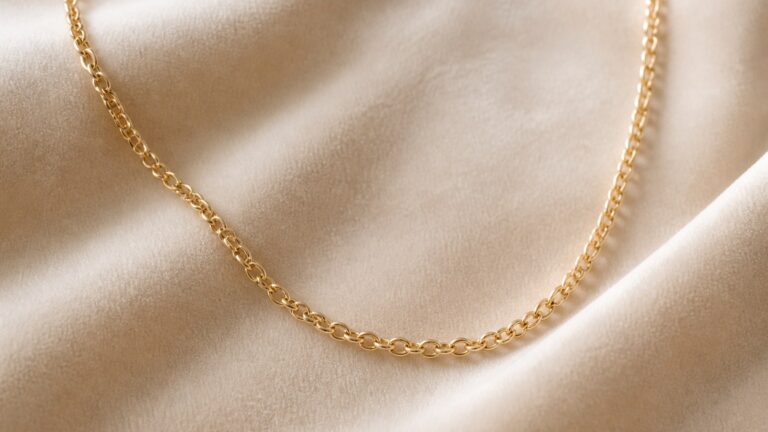 Chaîne fine en or 18 carats maille forçat posée sur un tissu beige