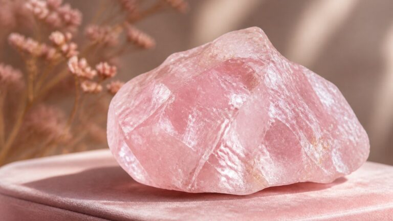Quartz rose naturel en gros plan sur velours rose pâle