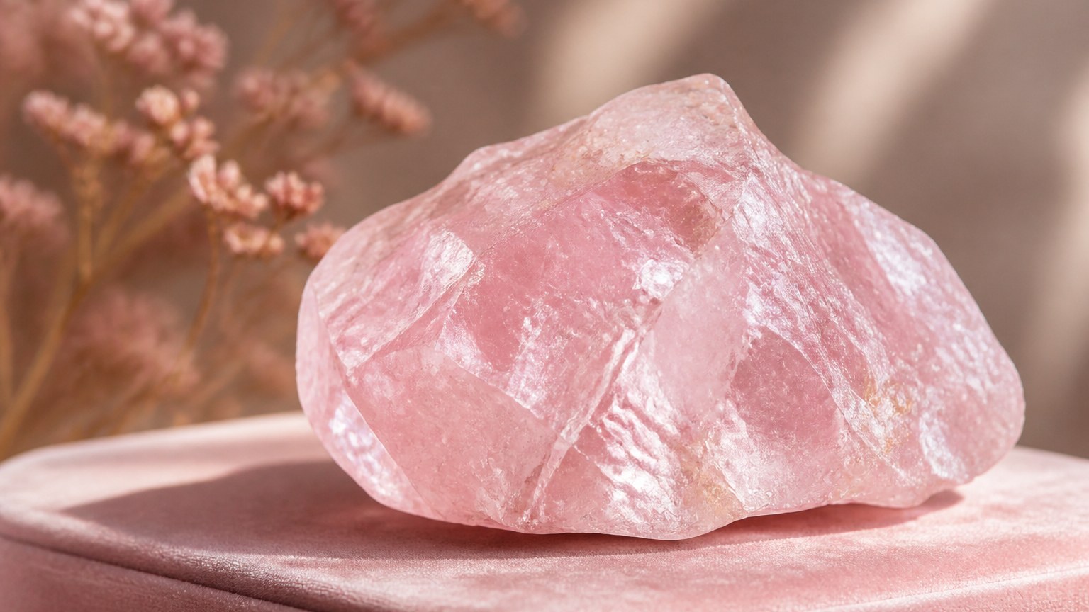 Quartz rose naturel en gros plan sur velours rose pâle