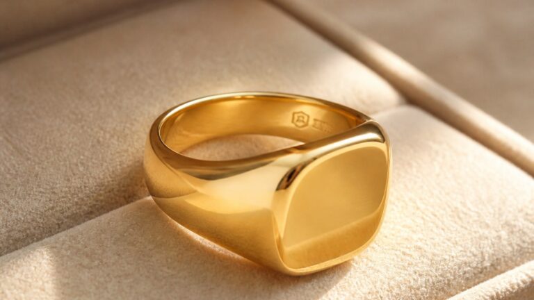 Chevalière homme en or 18 carats sur velours beige avec poinçon visible