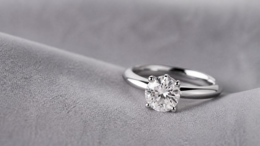 Bague de fiançailles en diamant sur velours gris clair