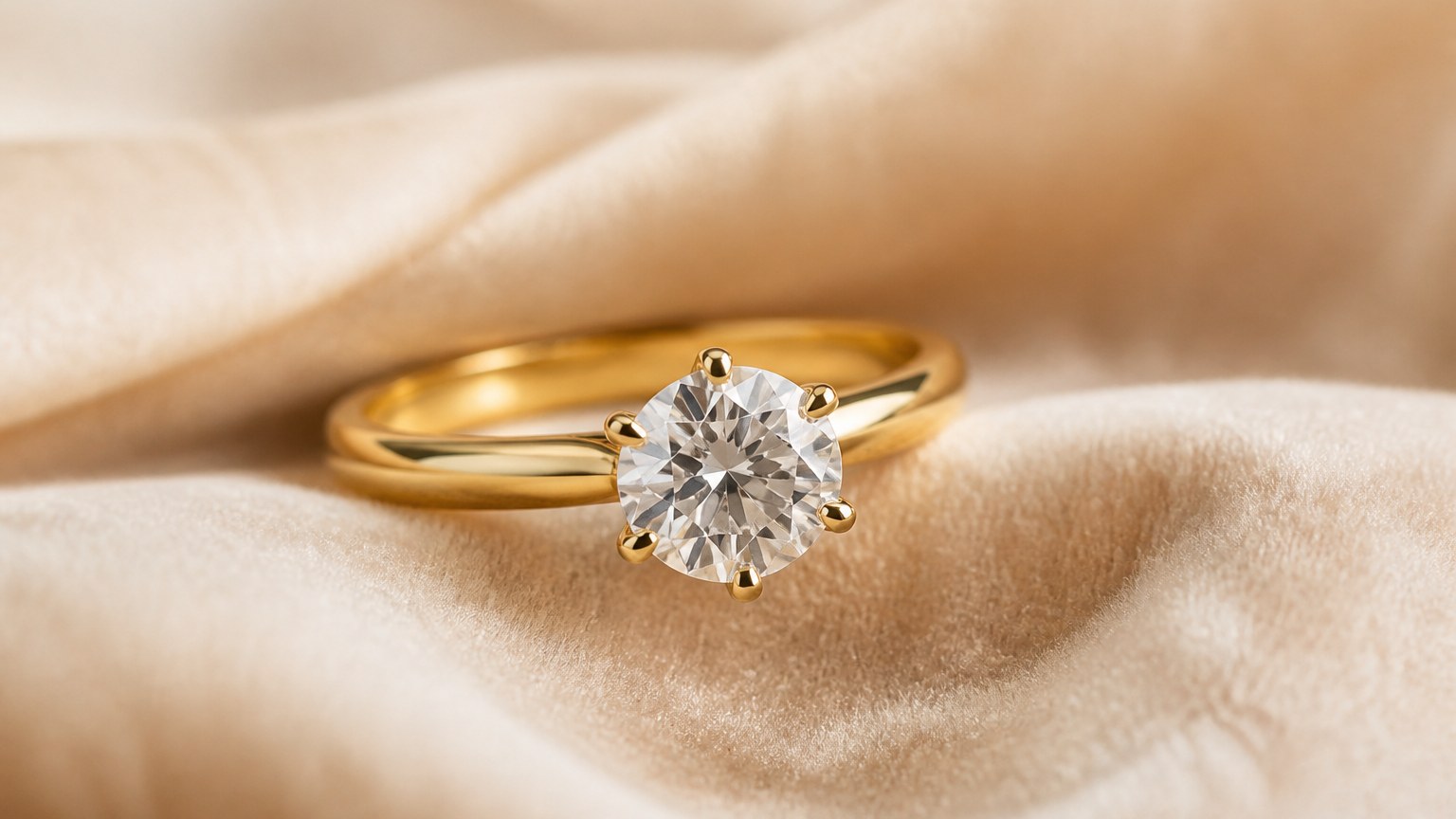 Bague de fiançailles or 18 carats avec diamant serti griffes sur velours crème