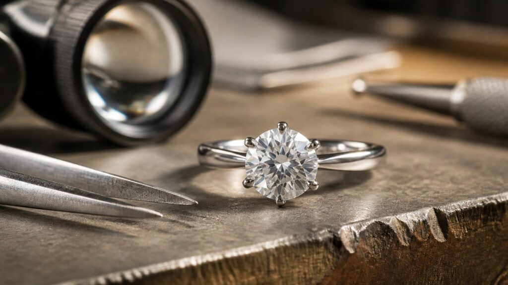 Bague de fiançailles solitaire en diamant rond taille brillant sur or blanc