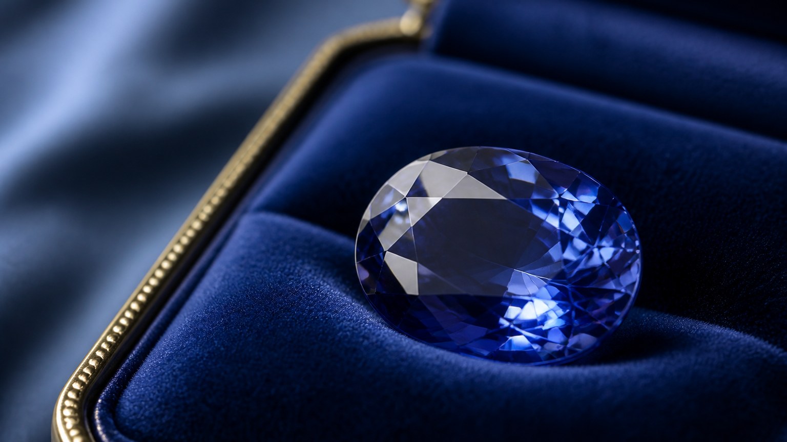 Gros plan d'une pierre précieuse facettée dans un écrin bleu