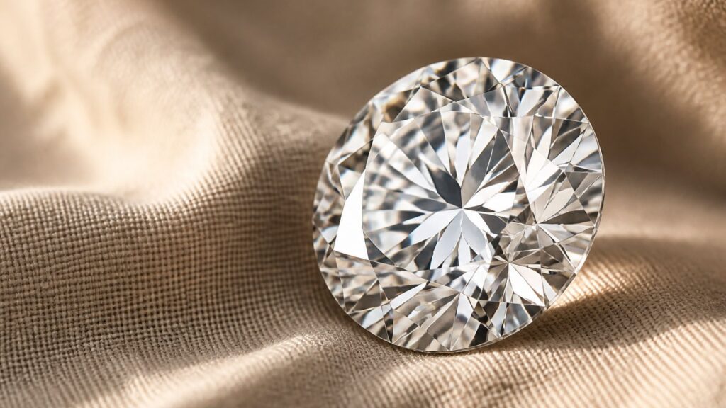Gros plan diamant facetté sur tissu lin beige