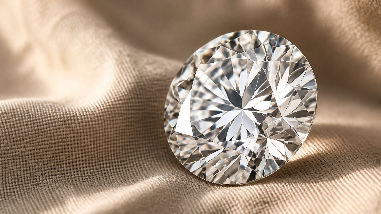Gros plan diamant facetté sur tissu lin beige
