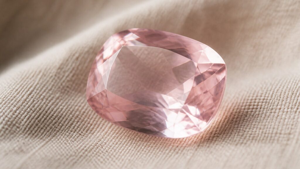 Gros plan d'une pierre de quartz rose facettée sur tissu lin beige
