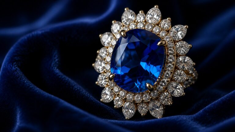 Bijou avec pierre précieuse éclatante posé sur velours bleu foncé
