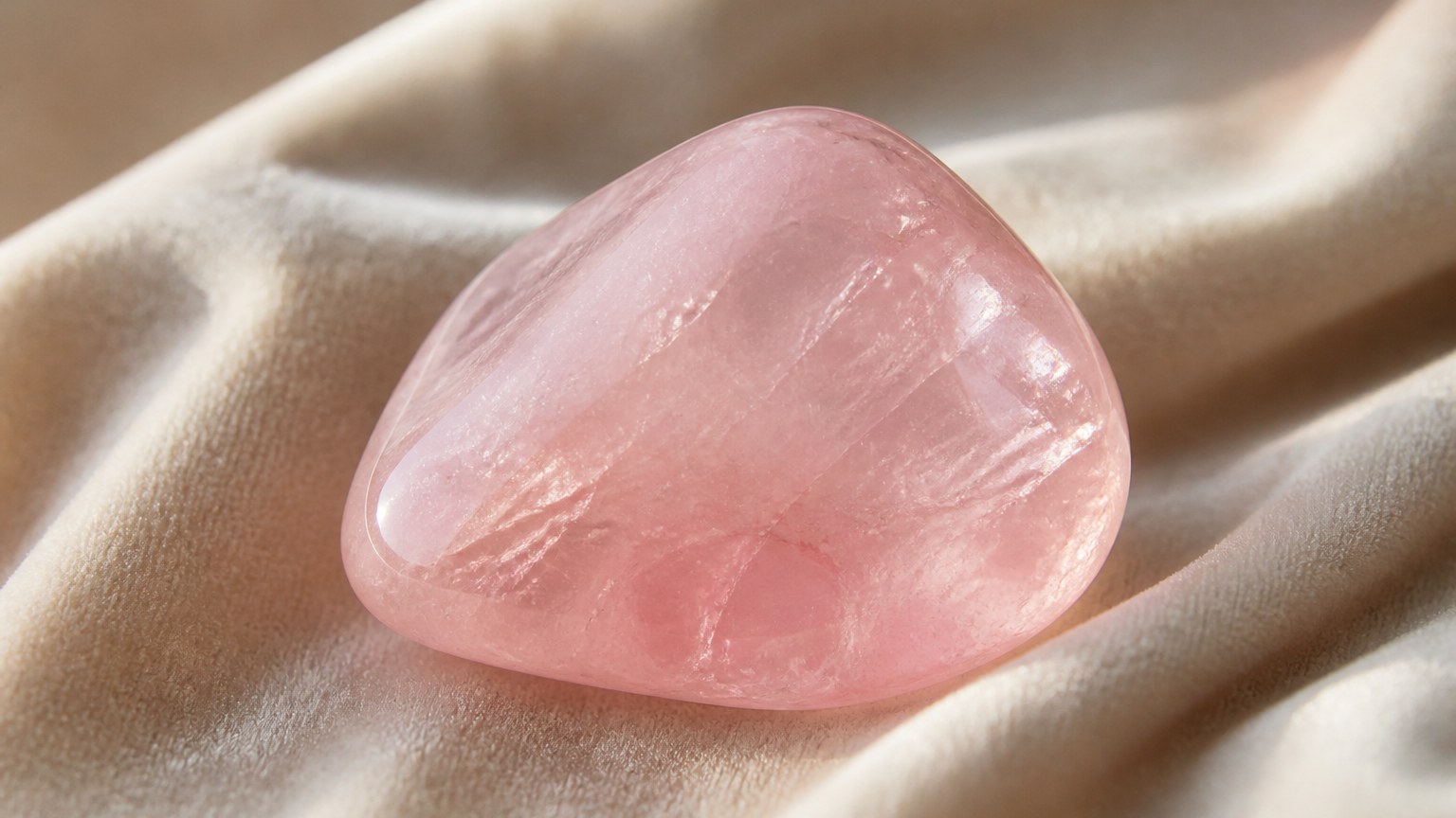 Quartz rose en gros plan sur velours beige clair avec lumière naturelle douce