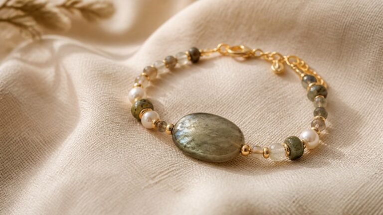 Bijou en pierres naturelles sur tissu de lin beige