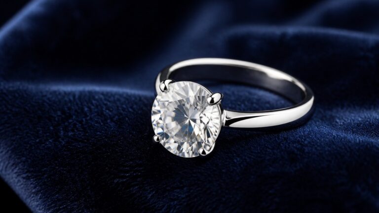 Bague de fiançailles Swarovski posée sur tissu velours bleu