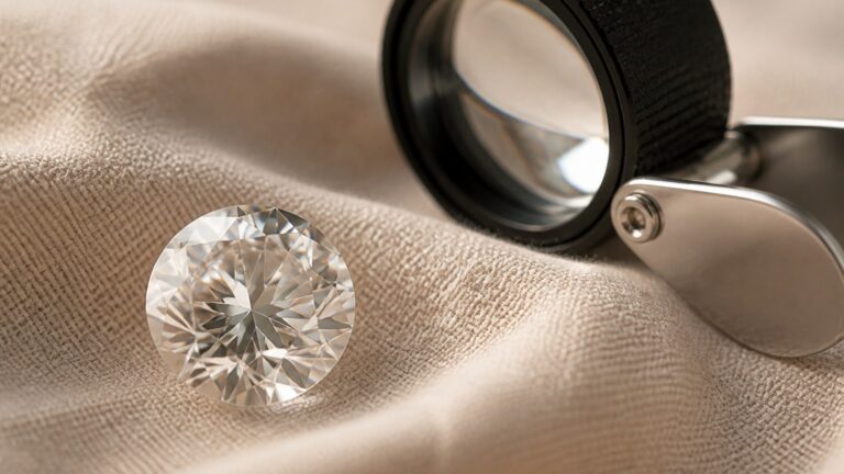 Gros plan diamant facetté sur lin beige avec loupe