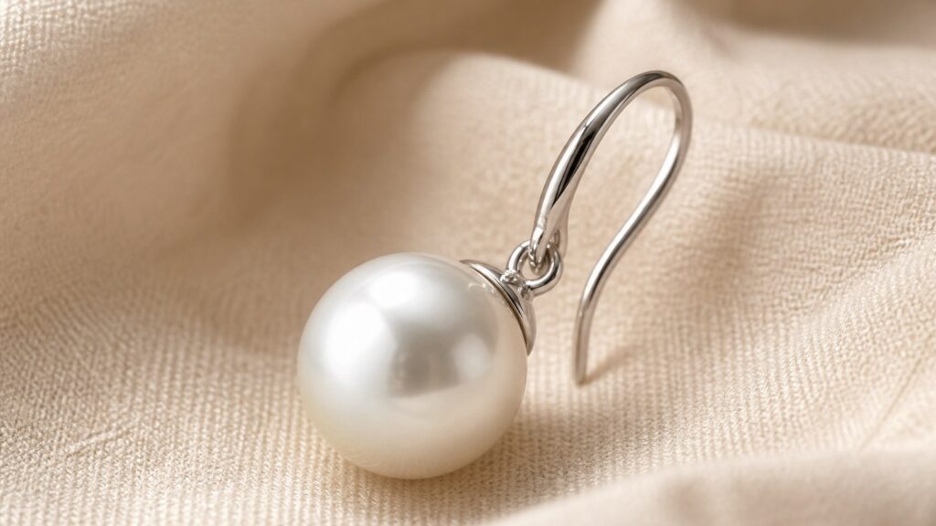 Boucle d'oreille pendante en or blanc avec perle de culture ronde sur tissu lin beige