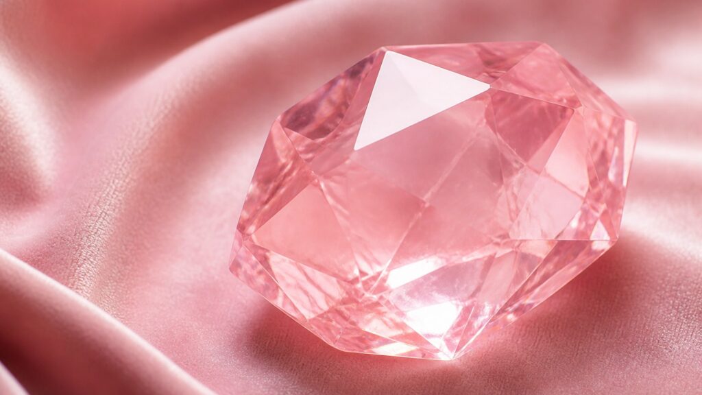 Pierre de quartz rose facettée en gros plan sur velours