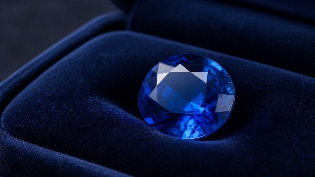 Close-up d'un saphir bleu facetté sur un fond velours bleu