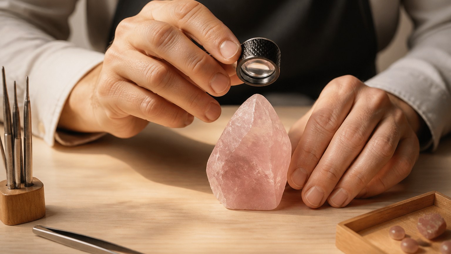 Inspection d'un cristal de quartz rose par un bijoutier