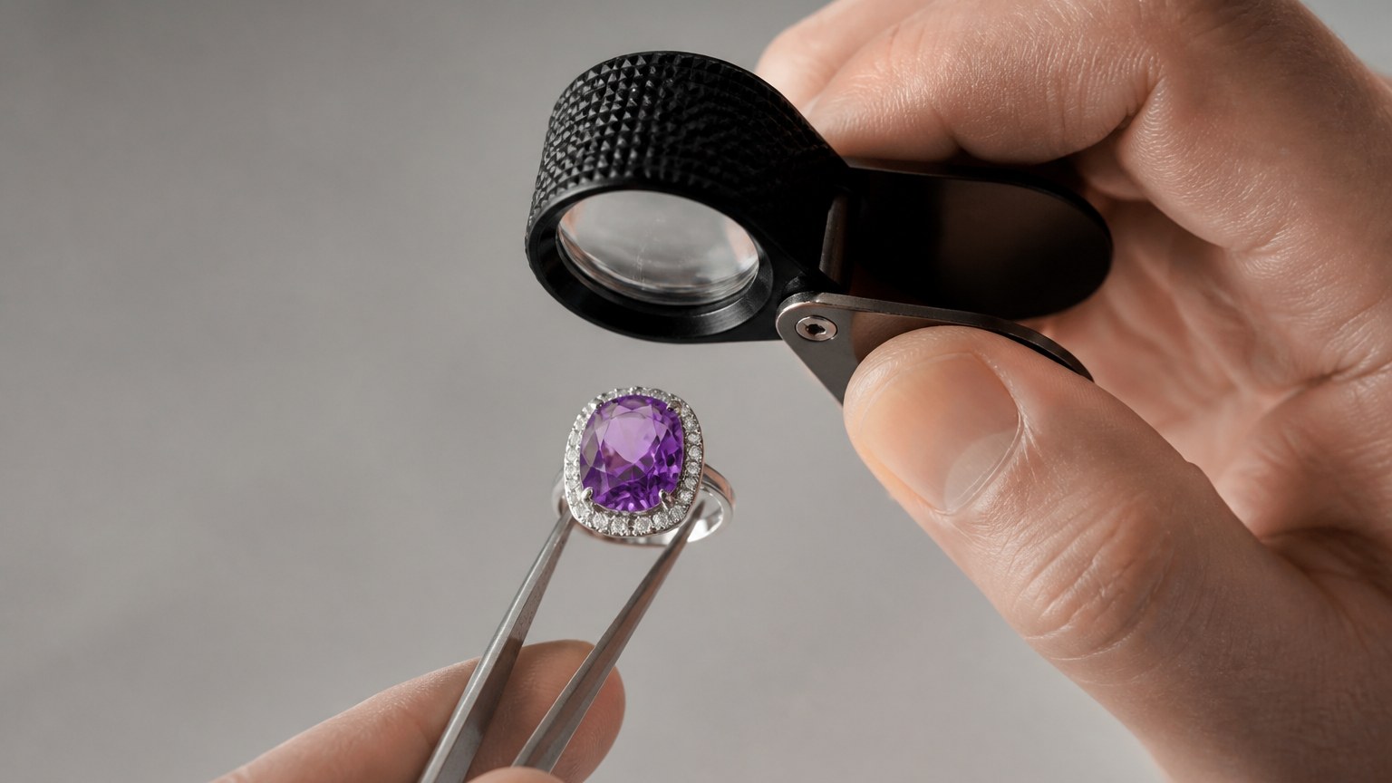 Main de bijoutier inspectant une améthyste montée en bague avec une loupe